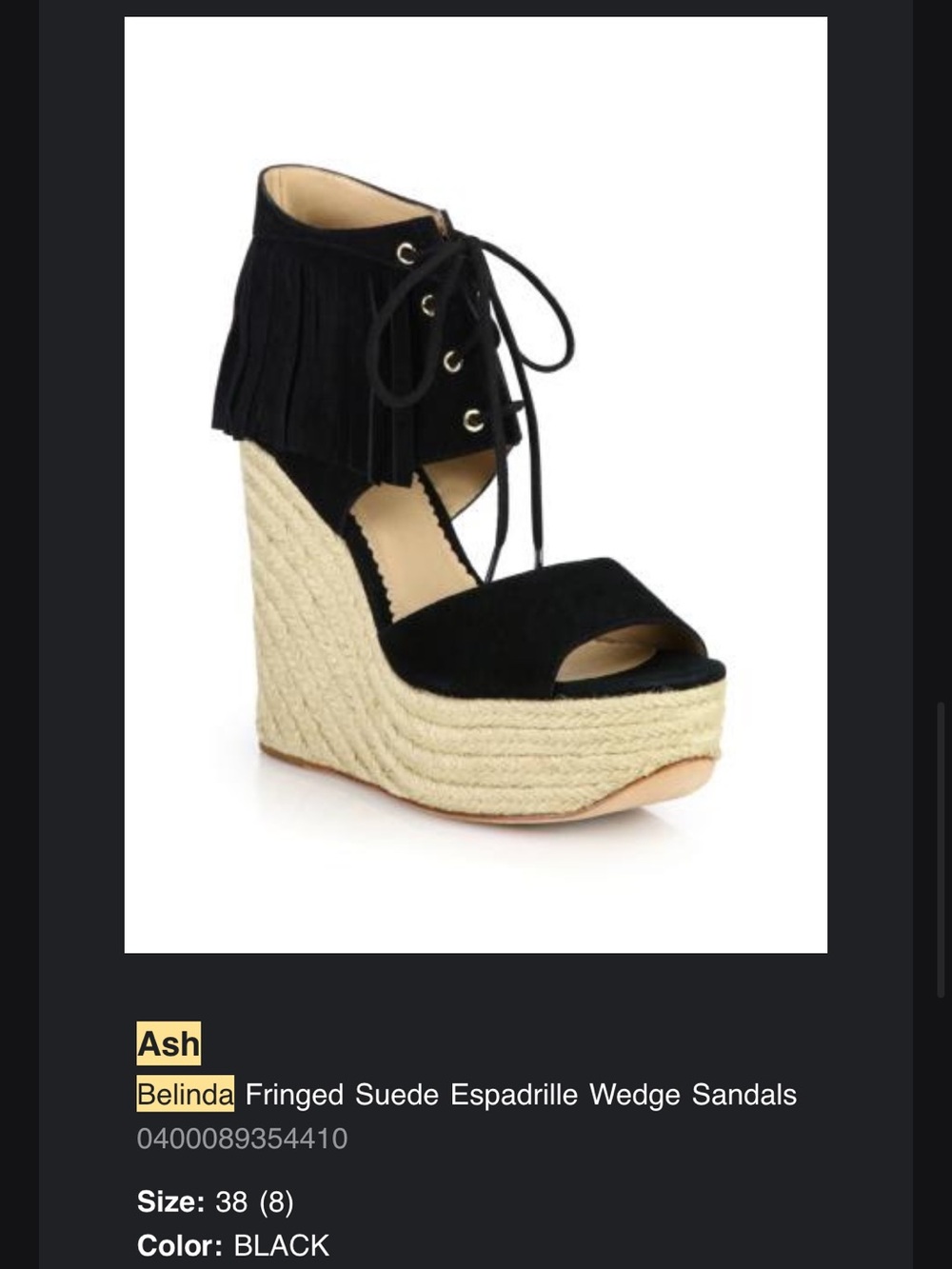 Ash Belinda Fringed Suede Espadrille Wedge Sandals